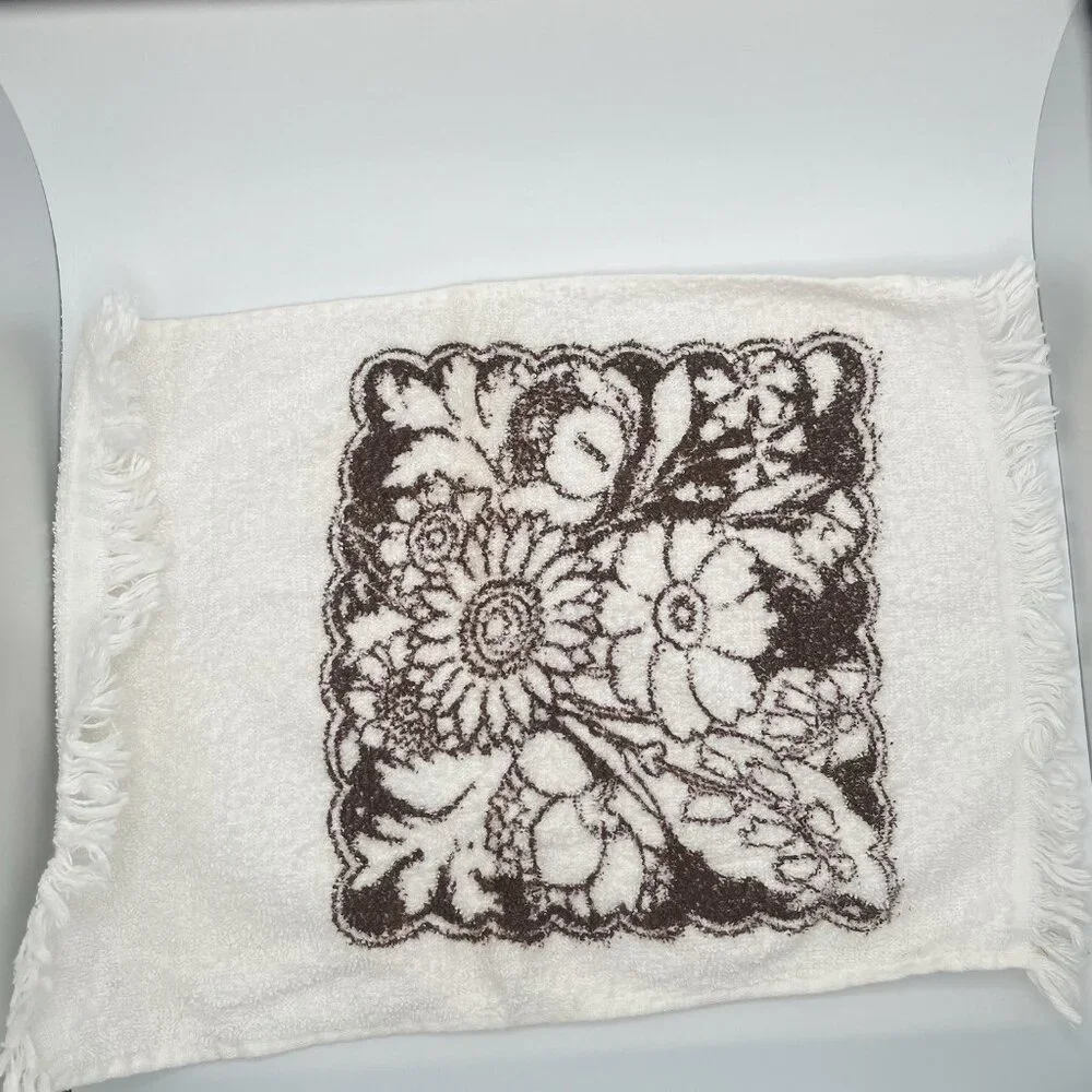 Vintage 70s MCM Flower Brown White Hand Towels Boho Groovy Fringe Set Of 3